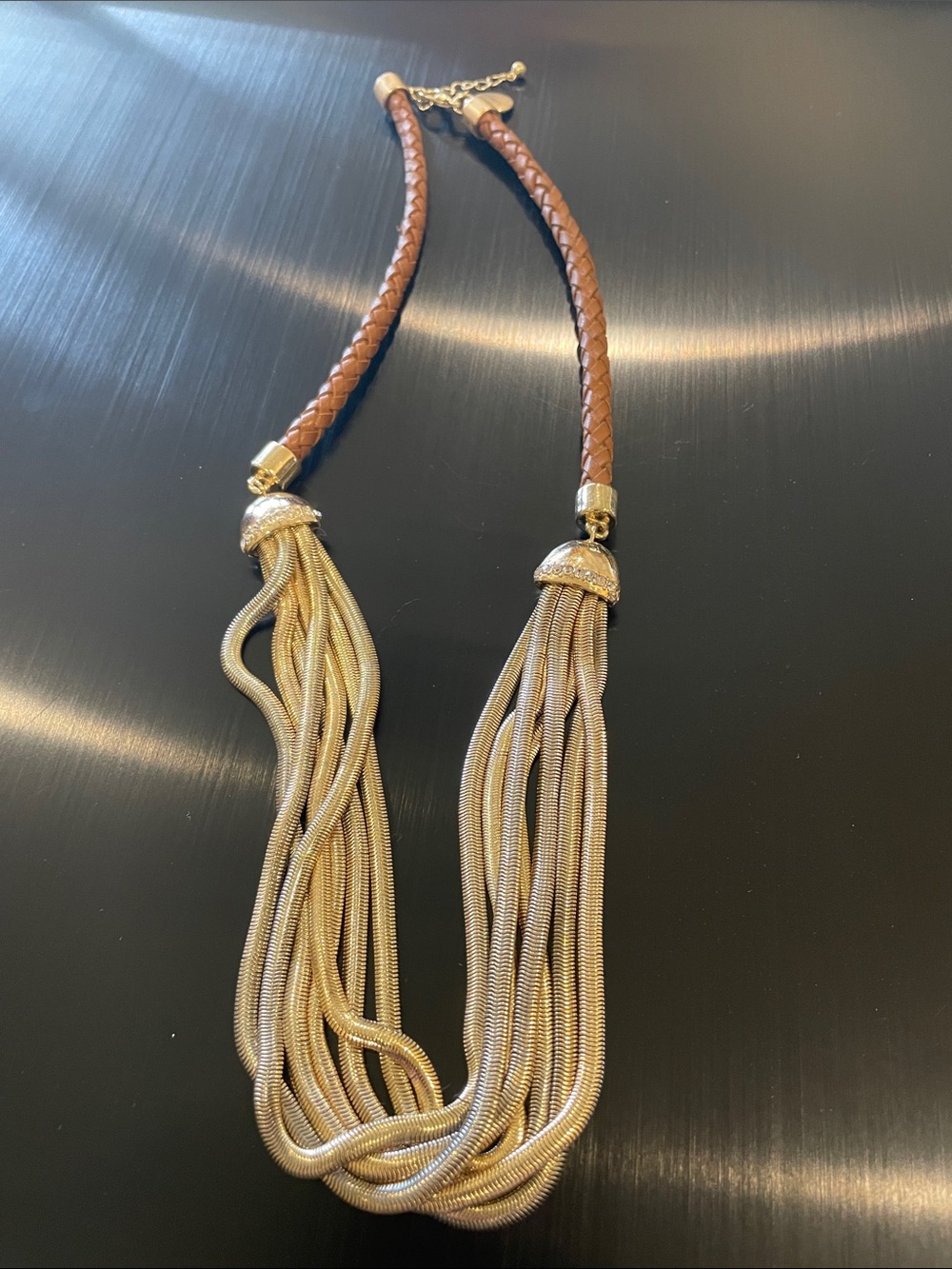 WHBM Braided Brown Leather and Gold Tassel Multi-Strand Necklace